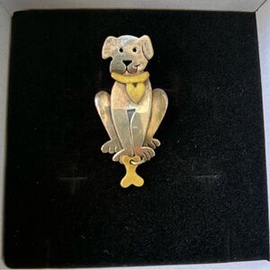 Vintage Far Fetched Sterling Silver Dog Brooch with Hanging Bone Pin